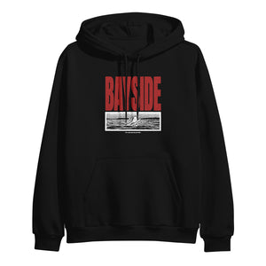 image of the front of a black pullover hoodie on a white background. hoodie  has a red print that says bayside. below is a black and white rectangle image of a bird on water.