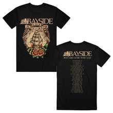 Load image into Gallery viewer, image of the front and back of a black tee shirt on a white background. front of tee is on the left and has a full body print of a ship and flowers. across the top says bayside, just like home. the back of the tee is on the right and has the dates and locations of their 2023 tour