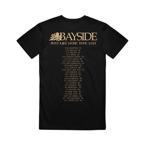image of the back of a black tee shirt on a white background. tee has the dates and locations of their 2023 tour