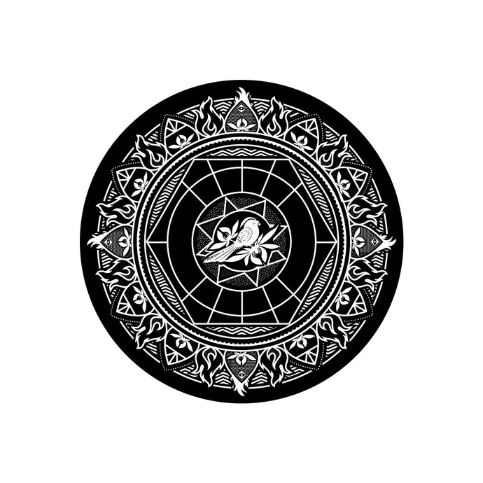 image of a sticker that is a circle with a mandella and a bird design. on a white background
