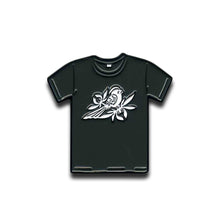Load image into Gallery viewer, A black Bayside T-shirt with a white bird and branch design on the front, ideal for fans to pair with an Errors Tour Pin or other accessories, shown against a plain white background.