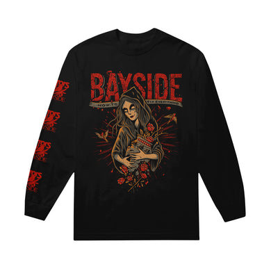 Black long-sleeve Bayside tee with red Bayside text and a graphic of a hooded woman holding flowers and a book on the front, plus red repeating Bayside logos down the left sleeve.