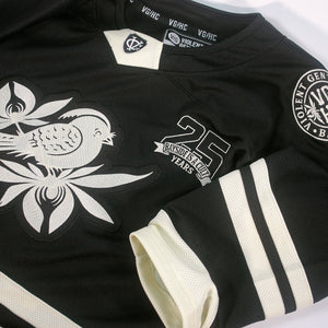 A professional black Bayside hockey jersey with white stripes, bird and leaf design, 25 Years Bayside patch, and Violent Gentleman branding on the sleeve and inside collar.
