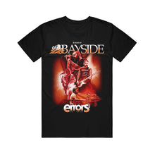 Load image into Gallery viewer, Black Bayside T-shirt with a red-tinted graphic of four musicians, &quot;20 Years of Bayside&quot; on top, and &quot;The Errors Tour 2023&quot; at the bottom—a must-have for fans of quality printed tees.