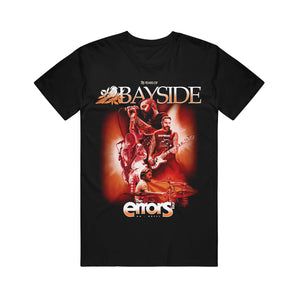 Black Bayside T-shirt with a red-tinted graphic of four musicians, "20 Years of Bayside" on top, and "The Errors Tour 2023" at the bottom—a must-have for fans of quality printed tees.