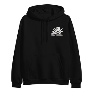 Black Bayside pullover hoodie with front pocket and drawstrings. Features a white bird-on-branch album cover graphic above “SOFTIFIED,” printed on the upper left chest.