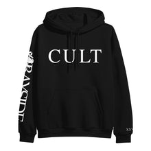 Load image into Gallery viewer, A black Bayside Midweight Pullover hoodie with CULT in large white letters on the front, BAYSIDE and a white rose on the right sleeve, and XXVI in small white letters on the left wrist cuff.