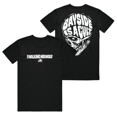 Black printed t-shirt by Bayside features “THE WALKING WOUNDED” on the front and a bold skull graphic with “BAYSIDE IS A CULT.” on the back—perfect for fans of standout tees.