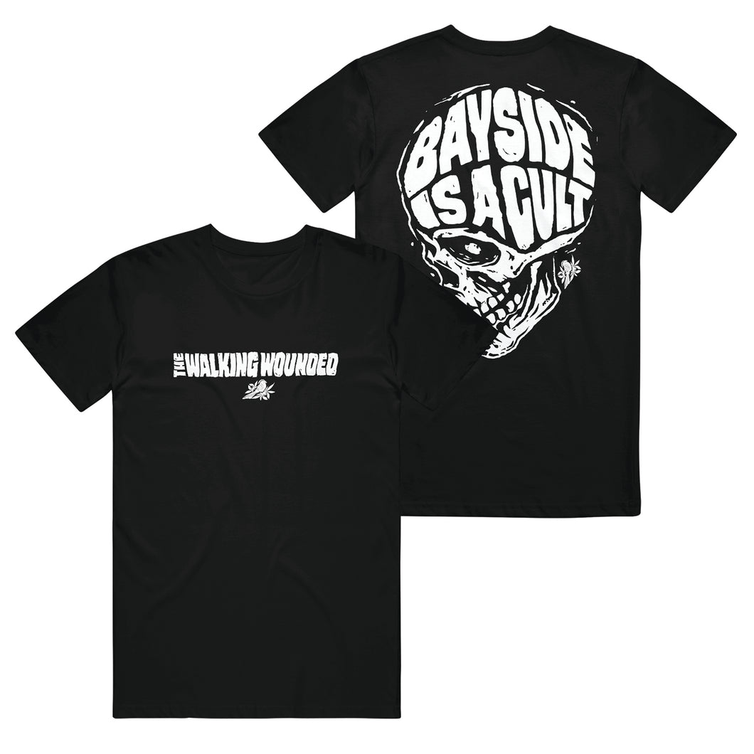 Black printed t-shirt by Bayside features “THE WALKING WOUNDED” on the front and a bold skull graphic with “BAYSIDE IS A CULT.” on the back—perfect for fans of standout tees.