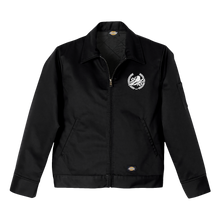 Load image into Gallery viewer, A black Bayside jacket with a zip-up front, side pockets, collar, and a small white laurel wreath emblem on the left chest. Features a classic logo patch at the waistband for an iconic look.
