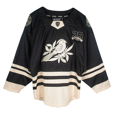 A black and beige hockey jersey by Bayside features a large bird on a branch graphic on the front, 