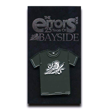 A black enamel Bayside Errors Tour Pin shaped like a t-shirt with a bird and branch design, displayed on a card reading 