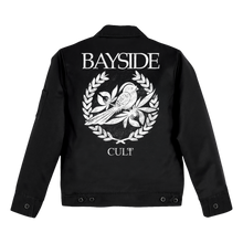Load image into Gallery viewer, A Black Dickies Jacket from Bayside with "BAYSIDE" in bold white above a striking bird and laurel wreath design, plus "CULT" elegantly printed below.