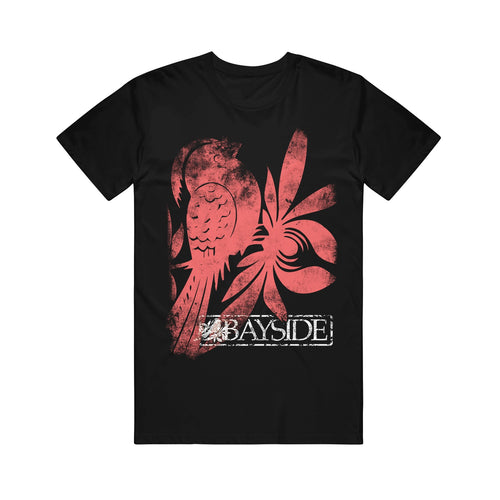 Black Bayside Hammer T-shirt with a distressed red parrot and tropical leaves graphic, featuring BAYSIDE in bold white text at the bottom.