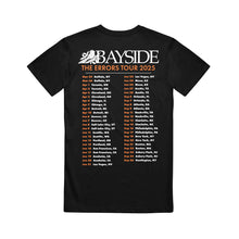 Load image into Gallery viewer, Black Gildan t-shirt from Bayside’s The Errors Tour 2025 features a white floral design on the front and orange and white tour dates and locations on the back of this premium printed tee.
