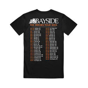 Black Gildan t-shirt from Bayside’s The Errors Tour 2025 features a white floral design on the front and orange and white tour dates and locations on the back of this premium printed tee.