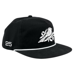 Bayside Atonal Rope Snapback: Black embroidered snapback with a white bird and branch graphic, a white "25" on the side, and a thin white rope trim along the brim for classic style.
