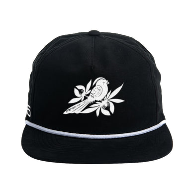 The Bayside black rope snapback cap features a white illustration of a bird on a branch with leaves and flowers on the front, plus a white trim along the base of the crown above the brim.