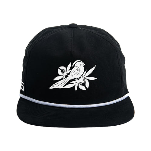 The Bayside black rope snapback cap features a white illustration of a bird on a branch with leaves and flowers on the front, plus a white trim along the base of the crown above the brim.