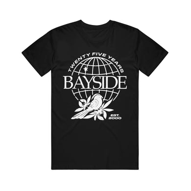 Bayside black T-shirt with a bold white globe, butterfly, and flowers graphic. Features the text “TWENTY FIVE YEARS,” “BAYSIDE,” and “EST. 2000.”.