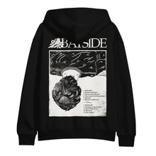Load image into Gallery viewer, Bayside black pullover hoodie featuring a white album cover illustration on the back—an illustrated head looking down, &quot;BAYSIDE&quot; text above, and song titles below, inspired by classic concert merch.