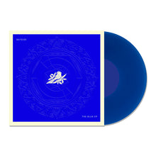 Load image into Gallery viewer, A transparent blue vinyl record slides out of a deep blue, white-bordered cover featuring a white rose and intricate circles. Text on the square sleeve reads &quot;Bayside&quot; and &quot;Blue EP.&quot; Brand: Bayside.