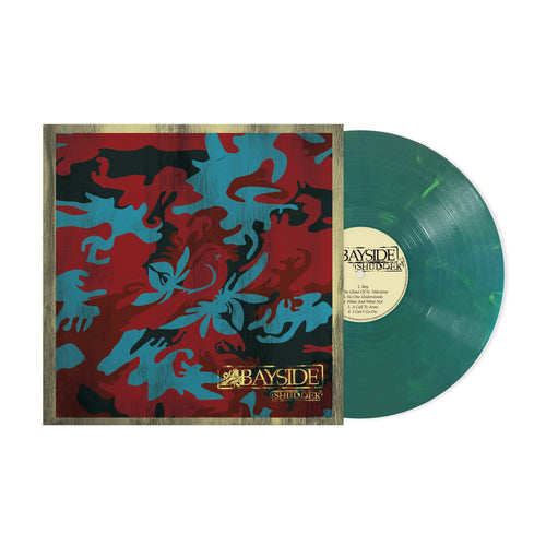 A green marbled vinyl record slides from its square sleeve, which shows an abstract red, black, and teal pattern with a butterfly and the gold text Bayside Shudder, evoking bioluminescence. Brand: Bayside.