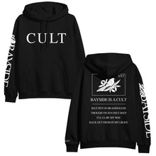 Load image into Gallery viewer, This Bayside black midweight pullover hoodie features &quot;CULT&quot; embroidered in white on the front, a bird, flowers, &quot;BAYSIDE IS A CULT,&quot; and lyrics on the back. &quot;BAYSIDE&quot; is boldly printed on the right sleeve. Made from soft ring-spun cotton.