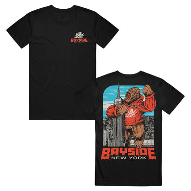 Bayside black T-shirt in soft ring-spun cotton with a modern classic fit. Features “Bayside 45 Years” logo on the front and a gorilla in a red hoodie over NYC with bold “Bayside New York” text on the back.