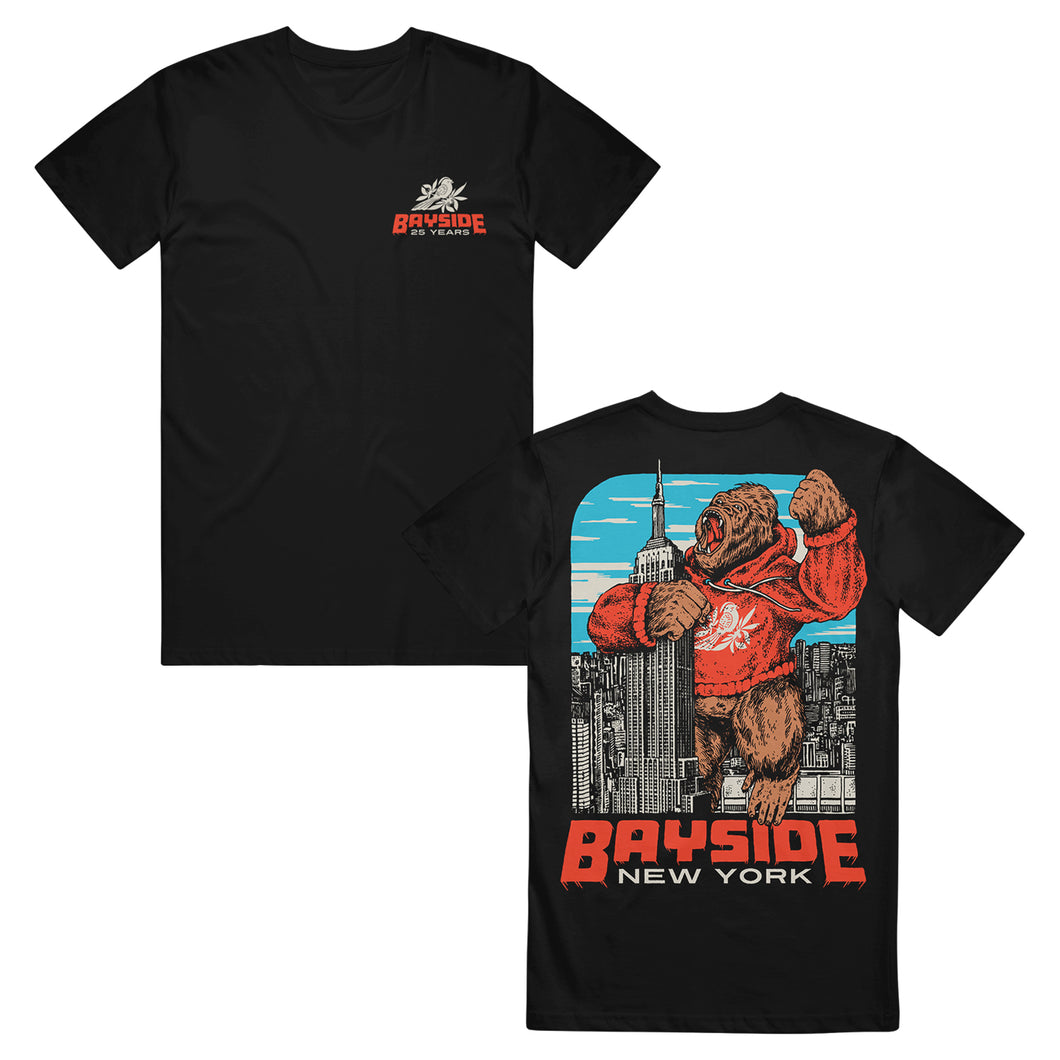 Bayside black T-shirt in soft ring-spun cotton with a modern classic fit. Features “Bayside 45 Years” logo on the front and a gorilla in a red hoodie over NYC with bold “Bayside New York” text on the back.