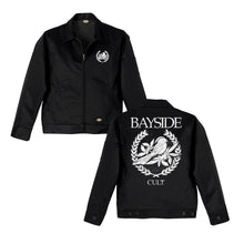 Load image into Gallery viewer, Black Bayside Eisenhower Jacket with a small white bird and leaf emblem on the front left chest. Back has a large bird, laurel wreath, BAYSIDE at top, CULT at bottom. Durable, wrinkle-resistant industrial work jacket.