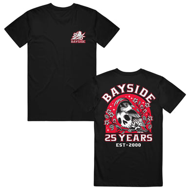 Bayside black t-shirt in a modern classic fit with small bird and rose graphic plus Bayside text on the front. Made from soft ring-spun cotton, it features a large back print: bird, roses, and 