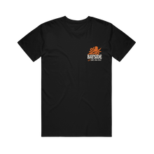 Load image into Gallery viewer, Black Gildan Hammer t-shirt featuring an orange graphic on the left chest of a bird perched on a branch above the text BAYSIDE and phone number (567)-ISA-CULT.