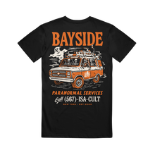 Load image into Gallery viewer, Black Gildan Hammer t-shirt featuring a graphic of a van driven by skeletons, with the text BAYSIDE PARANORMAL SERVICES and a phone number.
