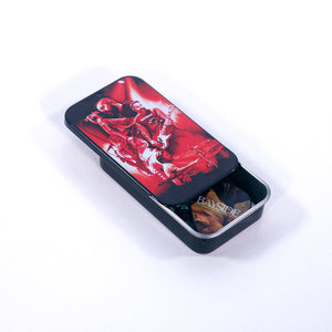 A small rectangular Bayside tin with a sliding lid features a red-toned rock band image and contains several guitar picks, including one labeled Bayside.