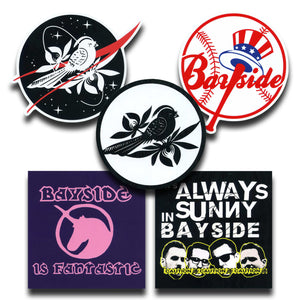 This Bayside Sticker Pack by Bayside includes six fun designs: birds with branches, Bayside with a hat, a unicorn saying "Bayside is Fantastic," and "Always Sunny in Bayside" with men's faces and caution tape.