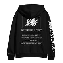 Load image into Gallery viewer, Bayside black pullover hoodie featuring white graphics and text, a bird on a branch, &quot;BAYSIDE IS A CULT,&quot; poetic lines on the back, and &quot;BAYSIDE&quot; down one sleeve. Part of our Independent Midweight Pullovers collection.