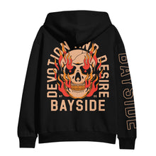 Load image into Gallery viewer, Bayside midweight black zip-up hoodie with a large flaming skull graphic and DEVOTION AND DESIRE text on the back, plus BAYSIDE printed down one sleeve.