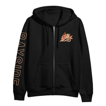 Load image into Gallery viewer, Bayside Independent Midweight black zip-up hoodie featuring &quot;BAYSIDE&quot; in large tan letters down the left sleeve and an orange/beige bird with leaves graphic on the left chest.