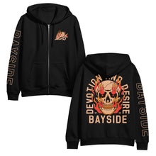Load image into Gallery viewer, Black hoodie with &#39;Bayside&#39; branding on the front and back, featuring a skull design.