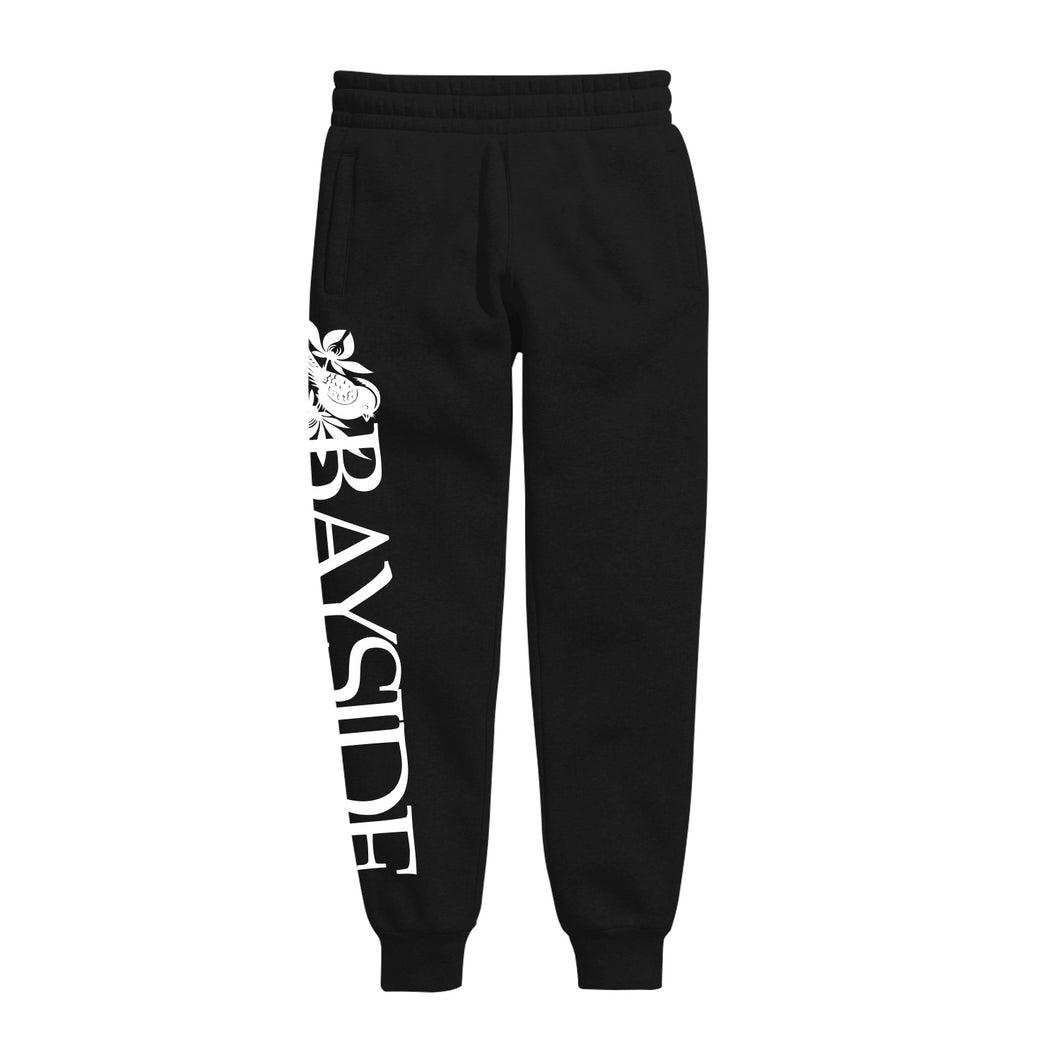 Bayside black joggers with elastic waistband and cuffs, featuring 