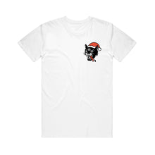 Load image into Gallery viewer, White Bayside T-shirt with a small printed black cat graphic wearing a red Santa hat and scarf on the left chest.
