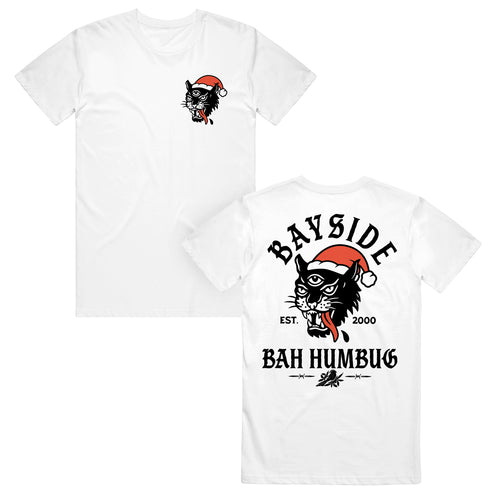 White t-shirt with a graphic of a cat wearing a Santa hat and text on the front and back.