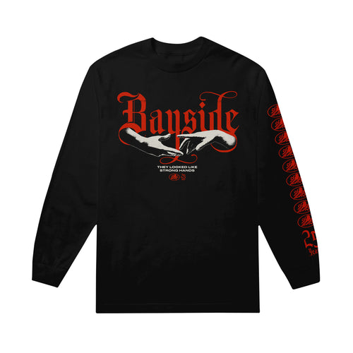 Black long-sleeve shirt by Bayside with bold red gothic 