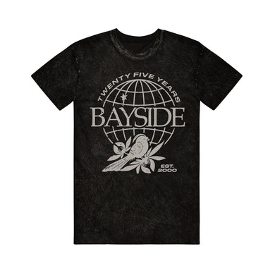 A black Bayside tee with a white globe, flower graphic, and 