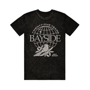 A black Bayside tee with a white globe, flower graphic, and "Twenty Five Years," "Bayside," and "Est. 2000" text—ideal for fans of unique printed shirts.