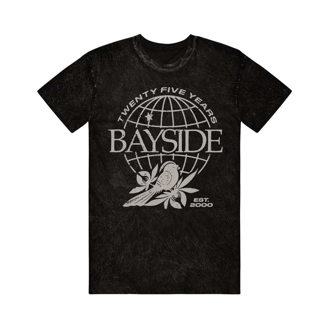 A black Bayside tee with a white globe, flower graphic, and 