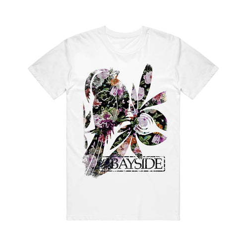 White printed t-shirt from Bayside featuring a floral graphic in the shape of a bird, with BAYSIDE in bold black text below.