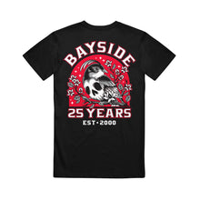 Load image into Gallery viewer, Black Bayside Hammer T-shirt with a bird on a flowering branch graphic. Bold red and white text above and below reads “Bayside 25 Years Est. 2000.” A standout option among printed tees.
