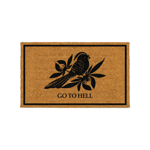The Bayside rectangular brown Go To Hell welcome mat features a black bird on branches and leaves, bold GO TO HELL text below, and is the perfect funny doormat for anyone who loves a sarcastic welcome.